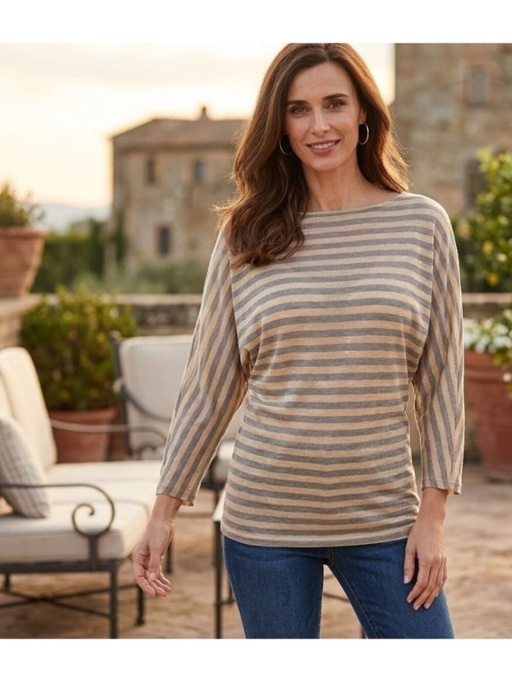 Striped Cabi XS Tan & Gray 3/4 Sleeve Boatneck Top